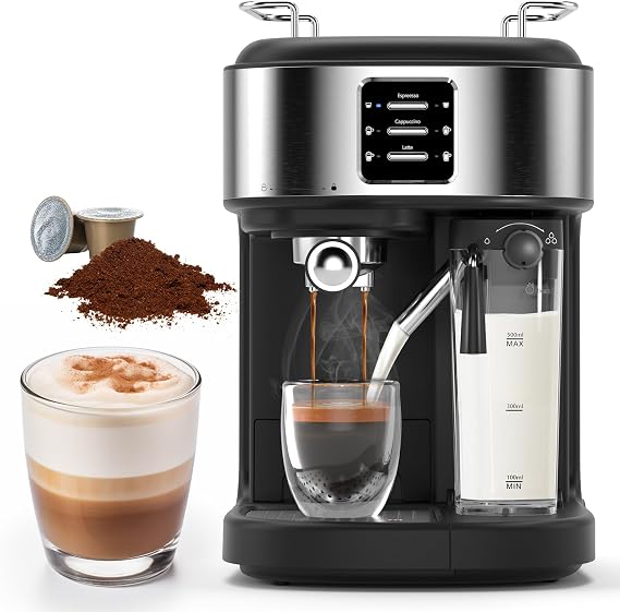 COWSAR Commercial 20 Bar Espresso Machine,Cappuccino Machine With Automatic Milk Frother,Latte Machine With Dual Boiler,57oz Removable Water Tank,Expresso Coffee Machine For Ground Coffee & Capsules