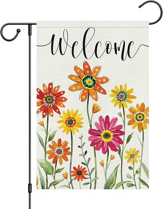 Louise Maelys Welcome Summer Fall Flower Garden Flag 12x18 Double Sided, Burlap Small Spring Sunflower Daisy Yard House Outside Outdoor Seasonal Porch Lawn Decoration