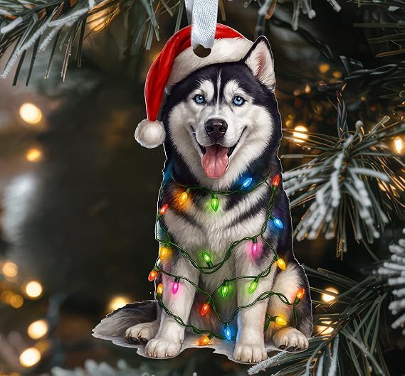 Siberian Husky Dog with Santa Hat and Christmas Lights Acrylic Ornament - Festive Holiday Pet Decoration - Funny Puppy Keepsake - Gift for Dog Lovers
