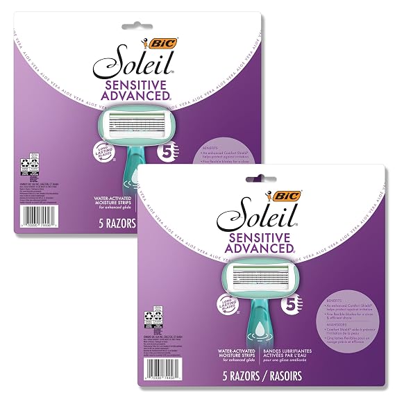 BIC Soleil 5 Sensitive Womens Disposable Razors, 10-Pack with 5 Blades | 360 Degree Moisture Strips for Comfort | Anti-Slip Grip for Control | Helps Protect Skin From Irritation