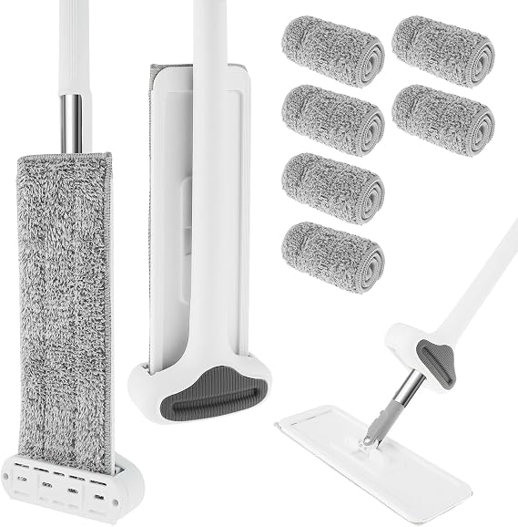 Microfiber Mop Self Wringing Flat Mop, Flat Floor Cleaning Mop, 360 Rotating Head Adjustable Handle Microfiber Flat Mop, Floor Dust Mop with 6 PCS Washable Pads, Wet and Dry Use Home Office