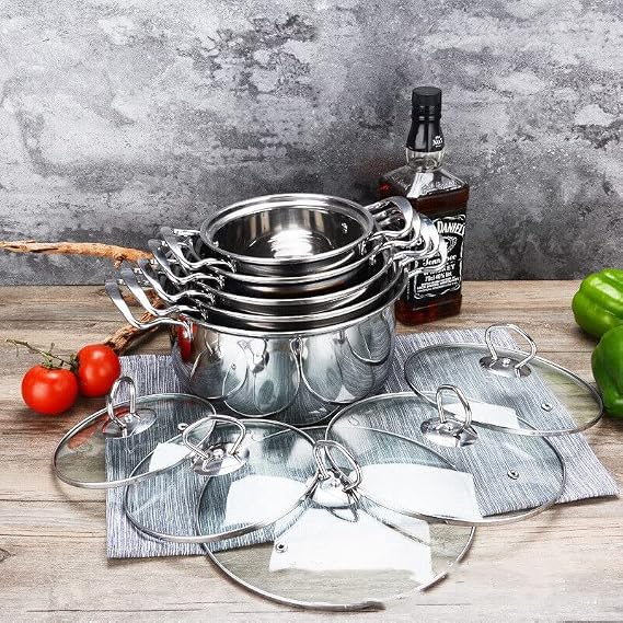 Saucepan Set 10 Pieces, Stainless Steel Pot and Pan Set, Saucepan with Glass Lids Cookware, Cookware Set Compatible with Induction, Gas and Electric Hobs