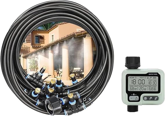 Timer Outdoor Water Misting Cooling System,50FT|15M,Automatic Misters for Outside Patio,with Sprinkler Control Mist Hose Kit for Garden,Drip Irrigation,Fan,Deck,Canopy,Pool,Trampoline Sprinkler Park