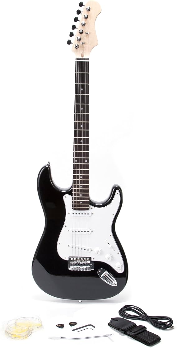 RockJam RJEG01 Full Size Black Electric Guitar Bundle Pack with Lead Strings Strap and Plectrums Black