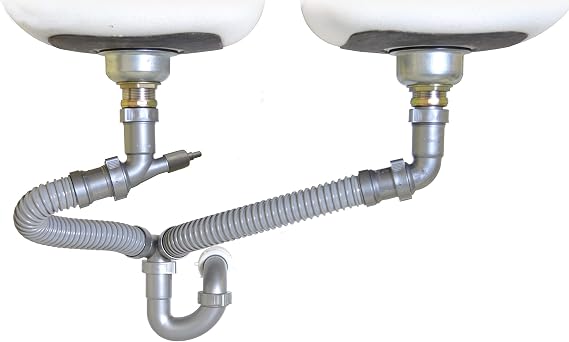 Snappy Trap Double Bowl Kitchen Sink Drain Kit, 1-12 with Flexible P-Trap, Universally Compatible Complete Drain Kit, Easy No-Tool Installation DK-110 Silver