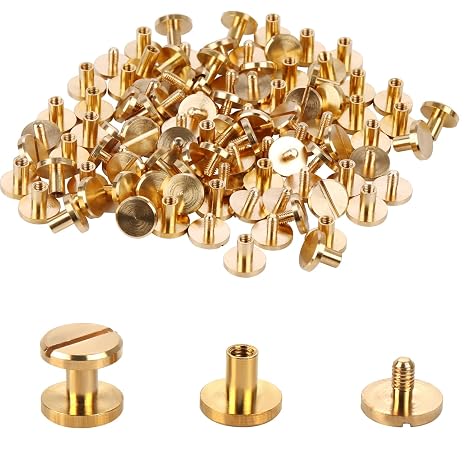 Chicago Binding Screws - 4 mm x 4 mm Binding Post - 10 mm Phillips Nut - Chicago Screw Binding Post Set for DIY Leather Decorations, Scrapbooking, Photo Albums, Bookbinding (Brass, 25 Pieces)