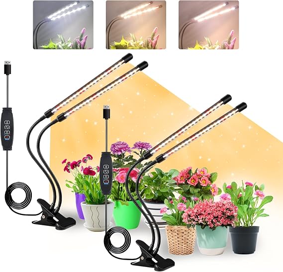 SDOVUERC Grow Lights for Indoor Plants, Full Spectrum LED Plant Lamps with Clips and 3m Cables for Seeding Growing(2 Pack)