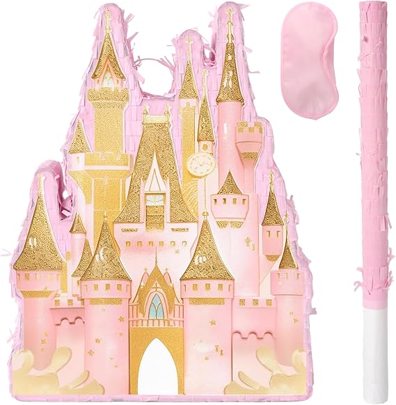 Princess Castle Pinata - Pink Castle Pinata with Blindfold and Bat for Girls Kids Princess Theme Birthday Party Game Decorations (16.7x11.8x3)