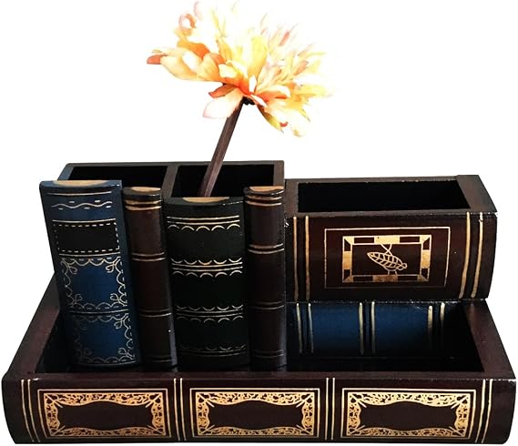 Tosnail Decorative Pen Holder with Storage Compartment, Wooden Pencil Holder and Organizer, Antique Library Books Design Pen Cup Caddy for Office Supplies, Countertop, Desk, Table