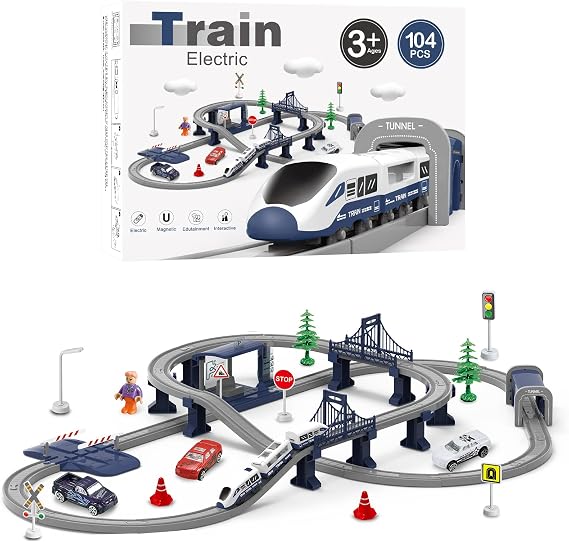 XIAPIA Electric Train Set, 104-Piece Motorized Railway Track Toy for Kids | Educational STEM Building Kit with Track Accessories and Cars, Indoor Play Activity Gift for Boys and Girls Ages 3+