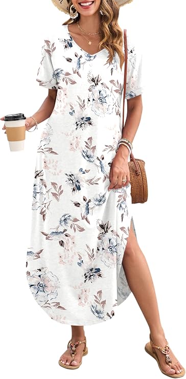MOLERANI Women's Summer Maxi Dress 2026 Short Sleeve V Neck Casual Loose Sundress Long Beach Split Dresses with Pockets