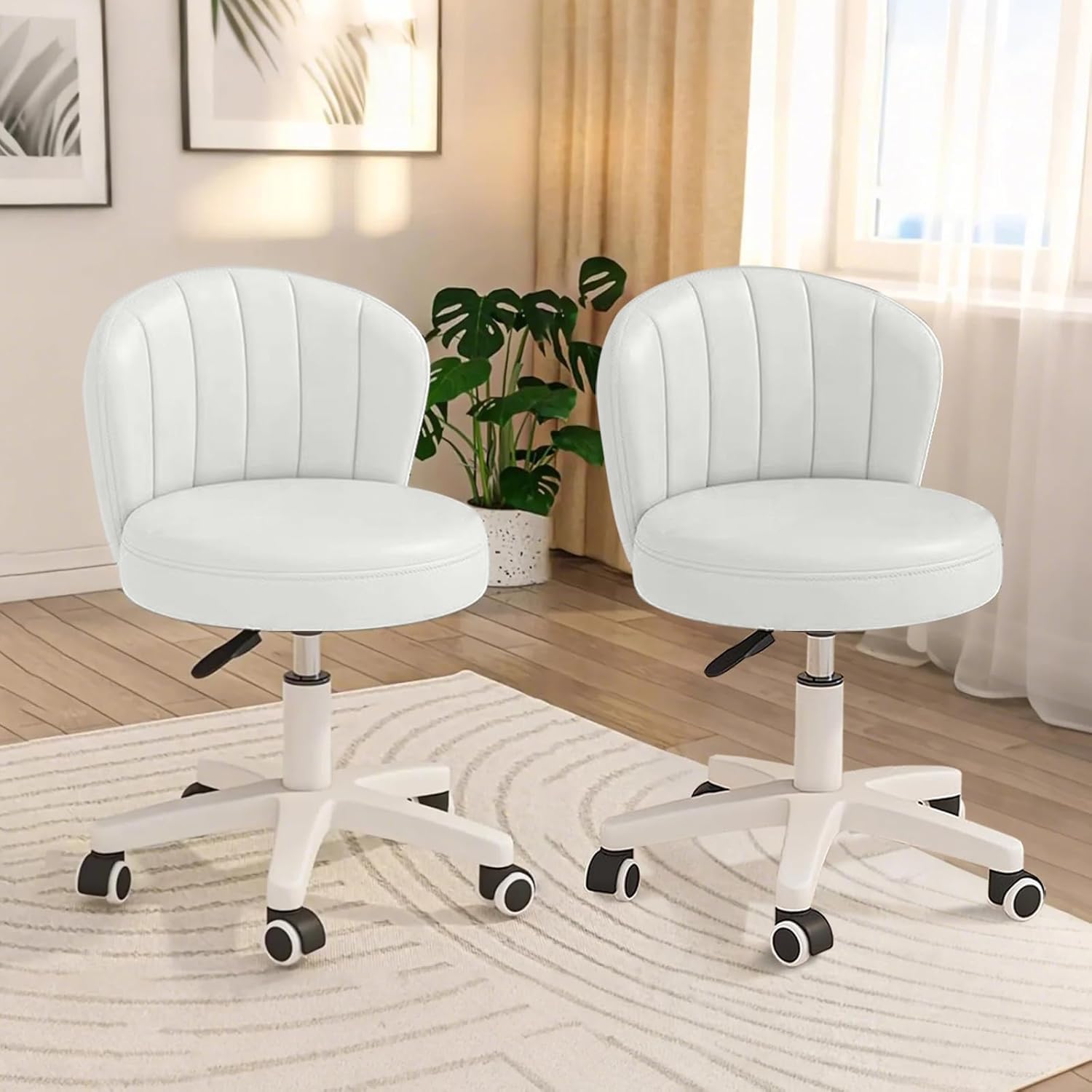 Small Scallop Desk Chair with Back, Cute Armless Rolling Vanity Chair with PU Leather, Comfy Office Task Computer Chairs Height Adjustable for Bedroom（White,Pack of 2
