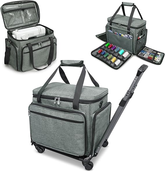 LIWSHWZ Rolling Sewing Machine Case with Wheels,Embroidery Machine Tote Bag | with Removable Bottom Pad & Multiple Storage Pockets & Detachable Dolly,Compatible with Singer, Brother, Janome(Gray)