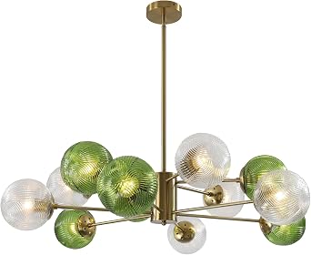 KCO Lighting 12-Lights Bubble Ball Glass Chandelier Green Glass Pendant Light Large Globe Flush Mount Ceiling Light Brushed Brass Gold Sputnik Chandelier Light Fixture Modern Dining Room Chandelier