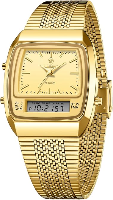 FANMIS Men's Watches Multifunction Square Dual Display Sport Watch for Men Waterproof Stainless Steel Chronograph Fashion Wristwatch, Retro Gold Mesh Band