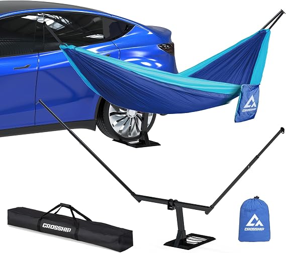 Tire Mount Hammock Stand - Fits Universal Vehicle Tire - Includes Parachute Nylon Hammock & Storage Bag - for Camping, Outdoor, Travel (350lbs Weight Capacity)