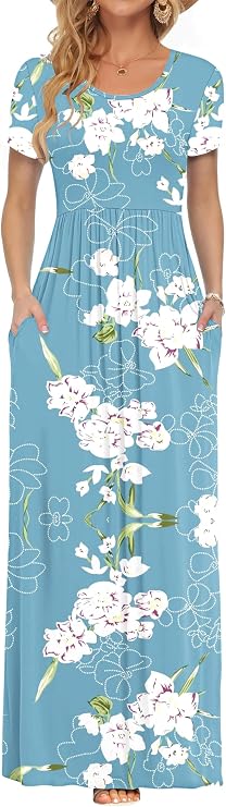 AUSELILY Maxi Dress for Women - Summer Casual Long Dresses for Ladies with Pockets | Year Round wear solid floral print, Casual daily wear, Empire waist, Floor length, Side pockets New