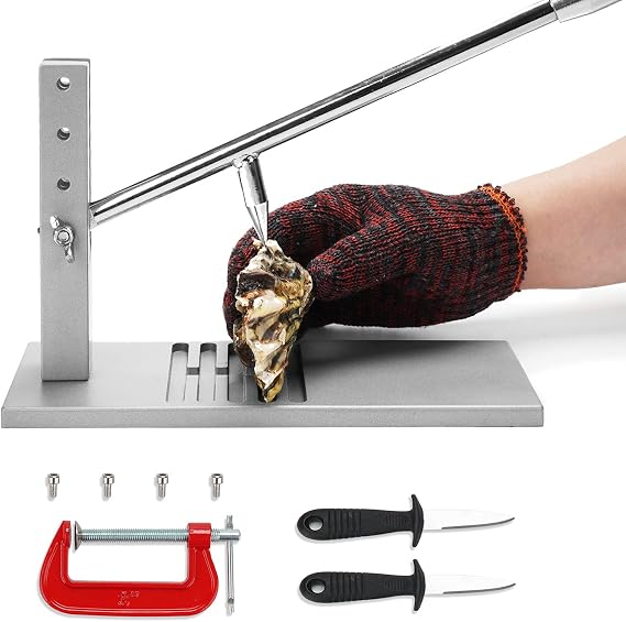 oyster opening tool, oyster shucker-shucking machine, oyster opener machine, oyster shucking clamp tool kit with oyster shucking knife and gloves, Aluminum oyster shucking clamp, 10.37