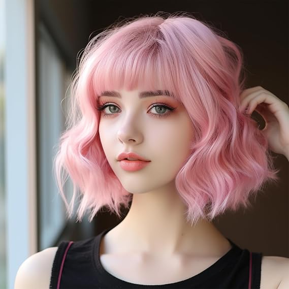 BERRYLION Pink Wigs for Women|Short Bob Pink Wig with Bangs|Synthetic Wavy Bob Wig With Air Bangs