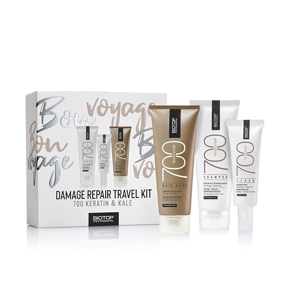 Biotop Professional 700 Keratin + Kale Travel Kit - Shampoo, Hair Mask & Serum for Dry, Frizzy, or Color-Treated Hair - Strengthens, Smooths & Protects with Keratin, Kale & Vitamins (3 Piece Set)