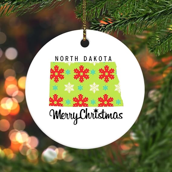 Merry Christmas US North Dakota State Map Christmas Ornament Ceramic Round For Xmas Tree Decoration Holiday Collectible Xmas Souvenir New Year Gifts for Family Stocking Stuffer Ornaments