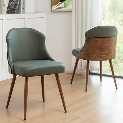 Set of 2 MCM Dining Chairs - Kitchen & Dining Room Chairs with Upholstered Seat, Walnut Craftsmanship, Ergonomic Backrest, Curved Arms, Kitchen Chairs for Living RoomRestaurant Walnut Green