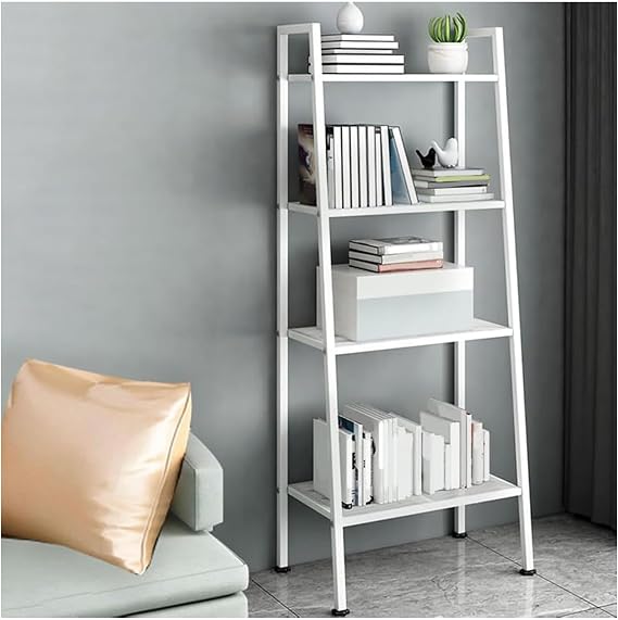 Ladder Shelf, Ladder Metal Bookshelf Modern Bookcase with Rectangular, Ladder Bookshelf, Floor-to-Ceiling Trapezoidal Balcony Flower Stand (White,23.6" L x 13.8" W x 58.3" H)