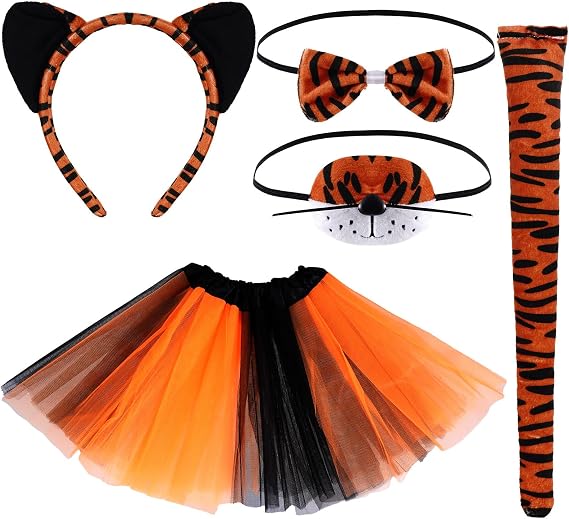 SUMERSHA 5Pcs Tiger Costume Set Tiger Ear Headband Nose Bow Tie Tail Tutu Skirt Animal Fancy Dress up Accessories for Halloween Cosplay