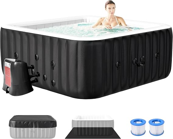 4-6 Person Inflatable Hot Tub, Large Square Blow Up Portable Hot Tub, Leak-Proof PVC Outdoor Spa with 130 Air Jets, Insulated Cover and Heater Pump, 73 X 73X 25