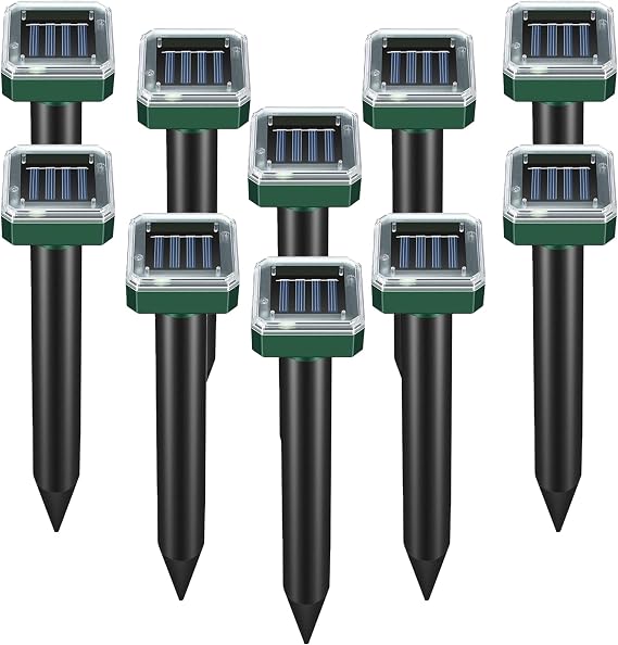 Mole Repellent Solar Powered 10 Pack, Waterproof Ultrasonic Repellent for Gopher Vole Snake, Outdoor Sonic Stakes for Lawn Garden Yard