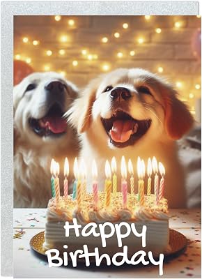Gooji 5x7 Dogs Birthday Card, Funny Humorous Cute Card for Wife Husband Teenage Young Boy Girl Men Women Adult, Golden Candles