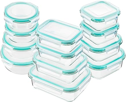 Bayco Glass Food Storage Containers with Lids, [24 Piece] Meal Prep, Airtight Bento Boxes, Leak Proof (12 lids & 12 Containers) - Blue