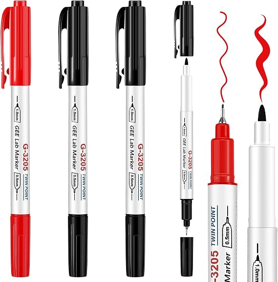 3 Pcs Alcohol Resistant Lab Markers Dual Head, 2 Black & 1 Red