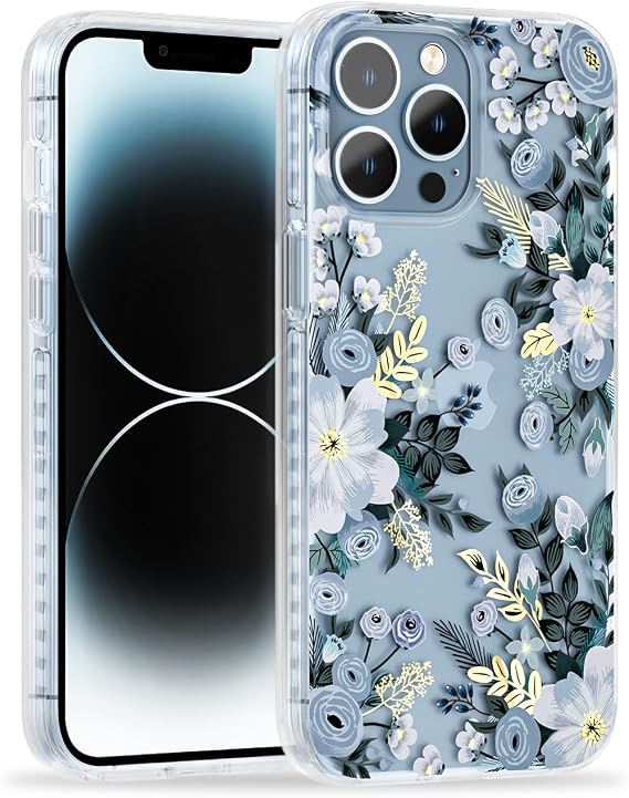 SCORPIFY iPhone 13 Pro Max用ケース ブルーネモフィラフローラルデザイン、かわいいクリアフラワーフォンカバー、女性用、女の子用、黄変しないスリム耐衝撃バンパー、ゴールドアクセント
