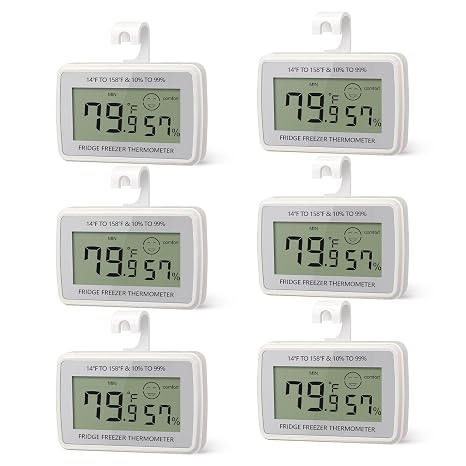 Digital Refrigerator Fridge Thermometer Large LCD Display | Waterproof Freezer Thermometer, Temperature Humidity Sensor, Max/Min Record, Magnetic, Suction Cup, Stand, 6 Pack, Silver