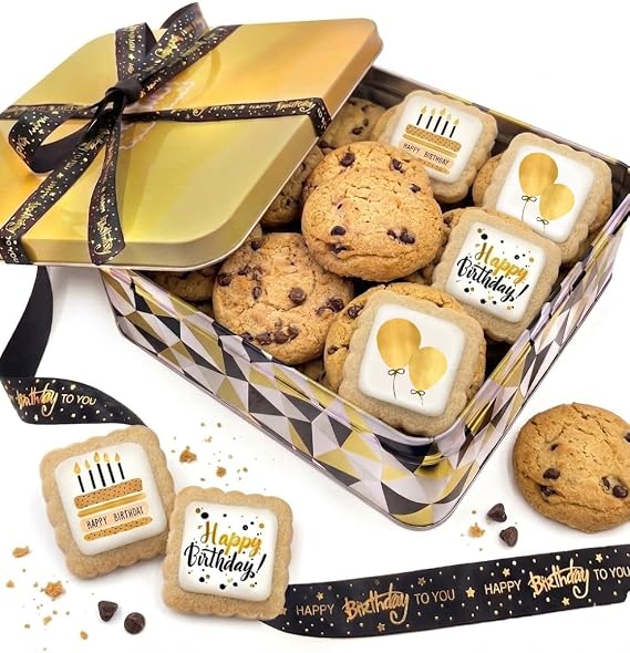 Gold Mix Chocolate Chip Cookies Birthday Gift Basket Tin Gourmet cookie Individually Wrapped Fresh