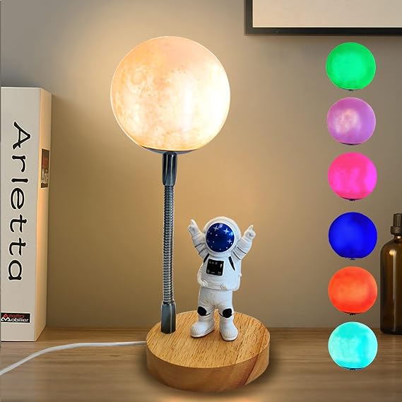 Moon Lamp for Kids, Space Buddy Lights with 7 Color, Astronaut Night Light | USB Powered, Button Control, 3D Moon Table Lamp, Space-Themed Decor, Perfect for Bedroom, Nursery and Space Parties, Moon
