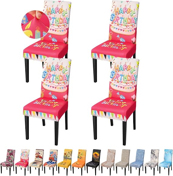 JQinHome Birthday Chair Covers for Dining Room Set of 4, High Stretch Removable Chair Slipcover for Kids Birthday Elegant Party Decorations Special Occasions Intimate Gathering Gala (4Pcs)