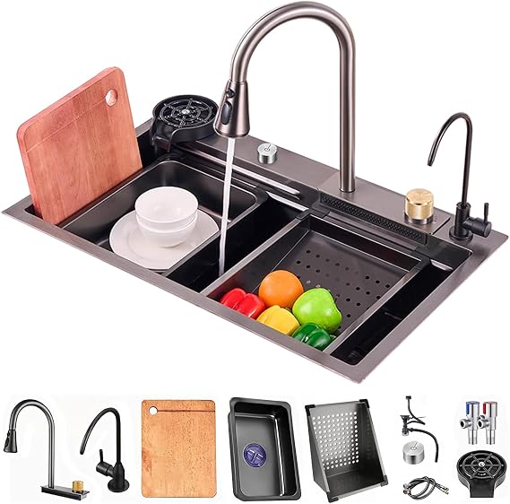 29.5-inch Black-Grey Waterfall Kitchen Sink 304 Stainless Steel Single Bowl Workstation Kitchen Sink with Waterfall Pull-out faucet and Sink Accessories Set