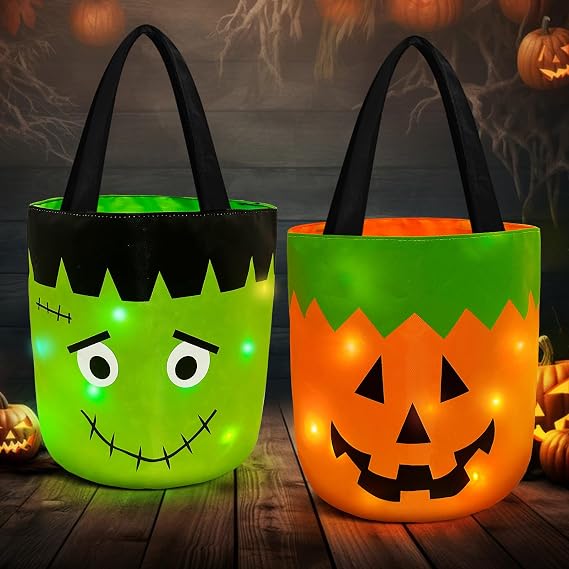 2 PCS Halloween Candy Bucket with LED Light Trick or Treat Buckets Baskets