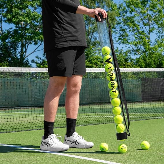 Vermont Tennis Ball Pick-Up Tube | 15 Ball Capacity - Lightweight PVC Design Durable Rubber Base - Quick Release Straps Easy Collection - Training Practice Equipment