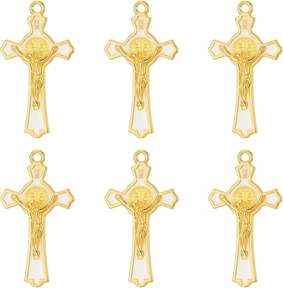 12 Pack St Benedict Catholic Pendants, Gold Enamel Cross Charms