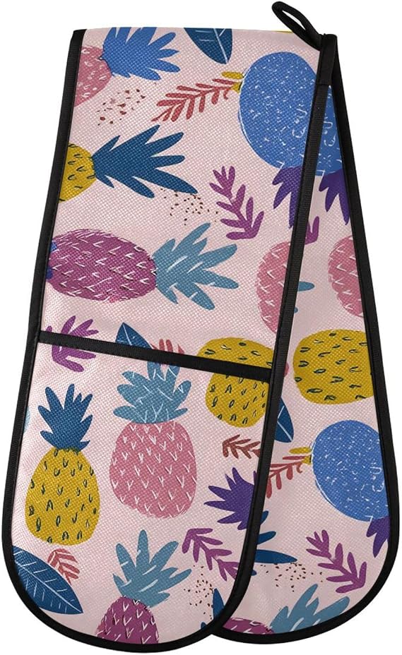 Double Oven Mitts Connected Colorful Pineapple Tropical Heat Resistant Long Oven Glove for Cooking Grilling Baking Barbecue 7" x 35"