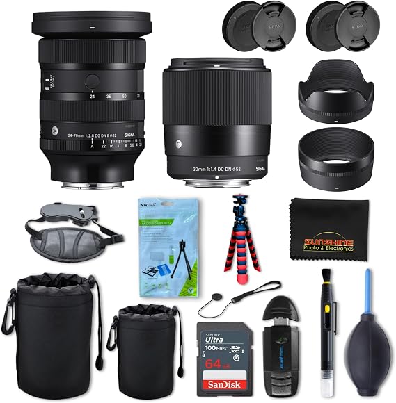 Sigma 24-70mm f2.8 DG DN II Art + Sigma 30mm f1.4 DC DN Contemporary Lens for Sony E with Sunshine Photo Accessories Bundle -