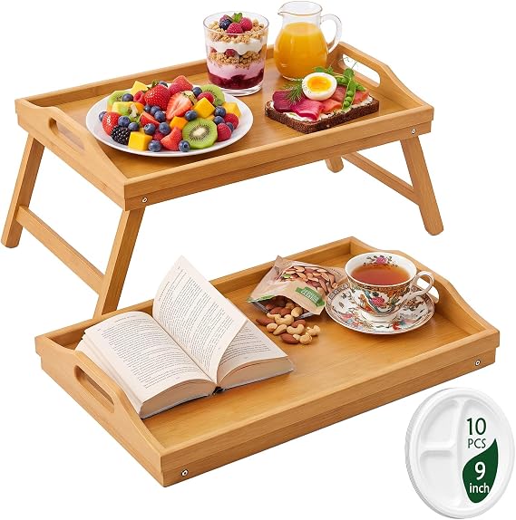 Bed Table Tray with Folding Legs, 2 Pack Bamboo Breakfast in Bed Trays for Eating and Laptops Food Serving Tray with Handles Small Foldable Table Lap Desks for Adults Snack TV Dinner Trays on Couch