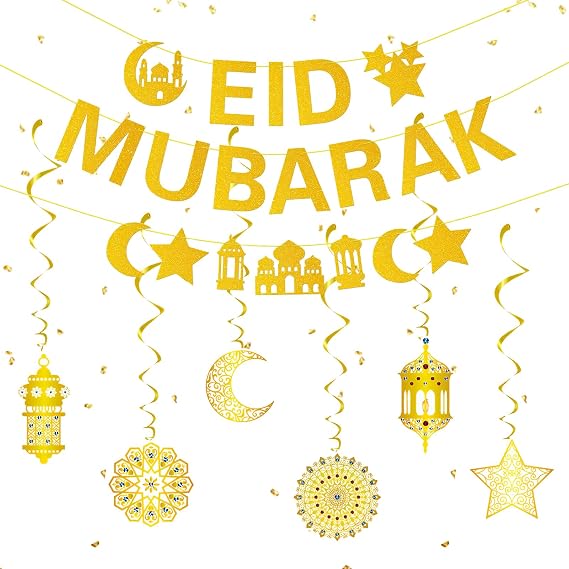 Glitter Eid Mubarak Banner Hanging Swirl Sets, Eid Mubarak Decorations, Gold Star Moon Castle Crescent Ceiling Decoration, Muslim Ramadan Decoratons for Eid al-Fitr and Muslim Party Supplies