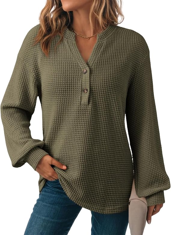 Womens V Neck Hoodies Loose Waffle Knit Long Sleeve Button Down Pullover Tops Trendy Shirts