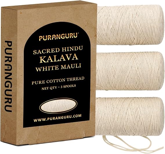 Pure Cotton White Kalava Moli Thread | 3 Spools x 50 Mtr | Kalawa Mauli