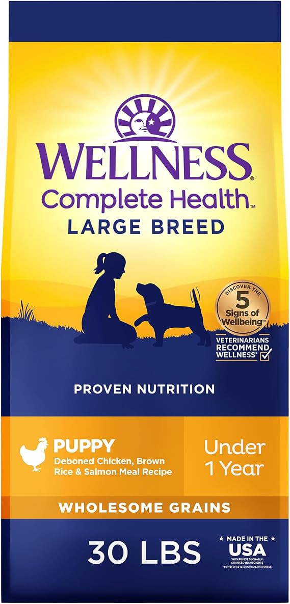 Wellness Complete Health Large Breed Puppy Dry Dog Food, Wholesome Grain Kibble, Natural, Chicken, Brown Rice and Salmon Meal Recipe, 30 lb Bag