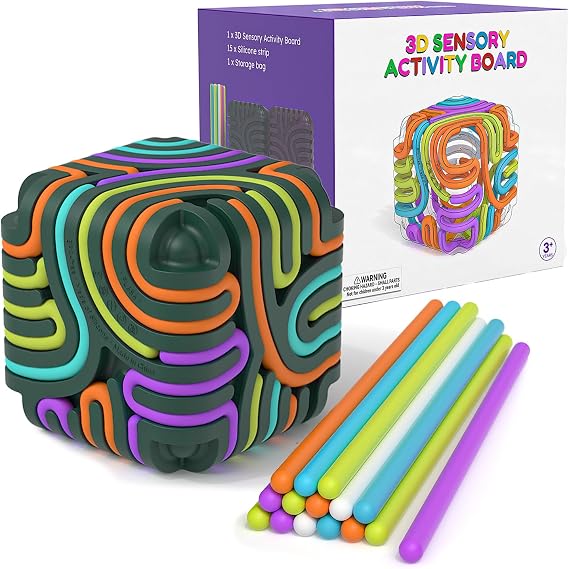 Accevo 3D Sensory Activity Board, Silicone Fidget Cube Toy for Stress Relief, Calming, Focus, ADHD and Autism, 5 Colors Sensory Toys Game Controller for Kids 3& Adults with 15 Strings